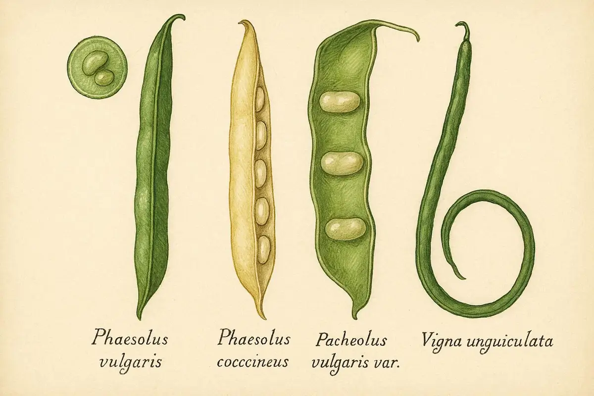 Four types of fresh beans arranged side by side on a linen cloth — green string beans, yellow wax beans, flat Romano beans, and long yardlong beans — in natural light.