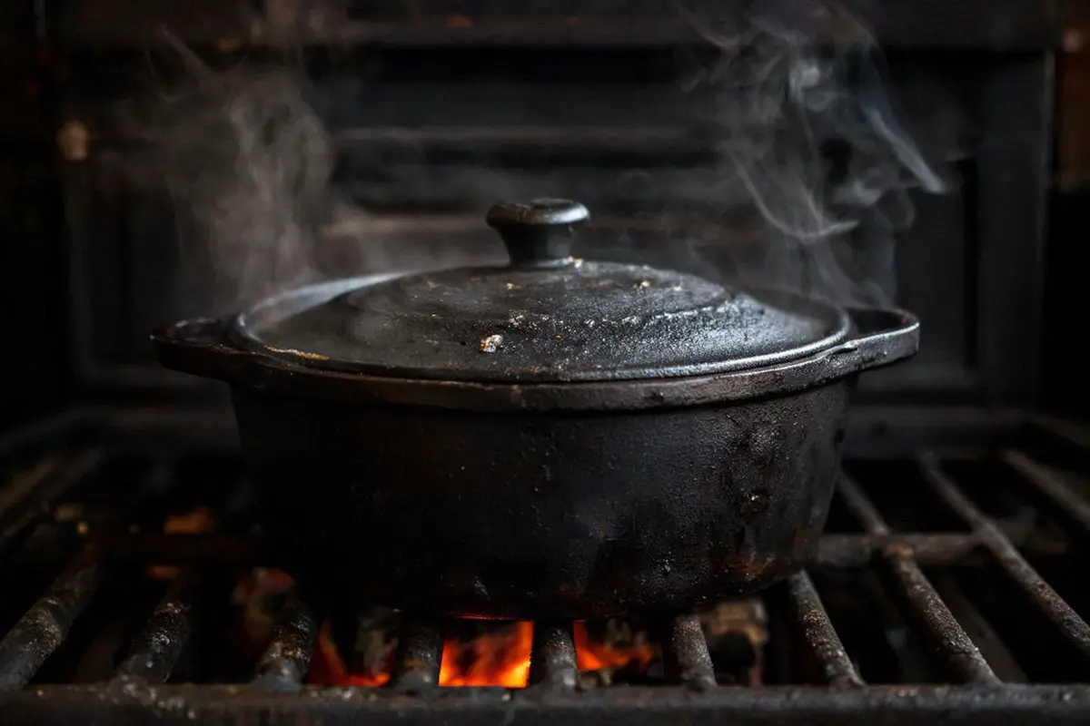 A heavy cast iron pot with a tight-fitting lid on a wood-burning stove, steam escaping from the sides
