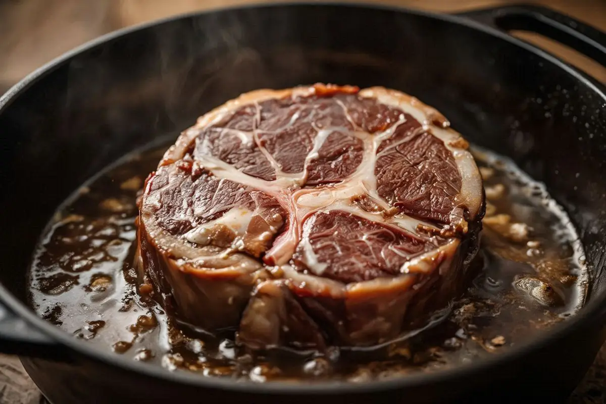 A cross-section of beef shank in a heavy pot, connective tissue visible, surrounded by dark braising liquid