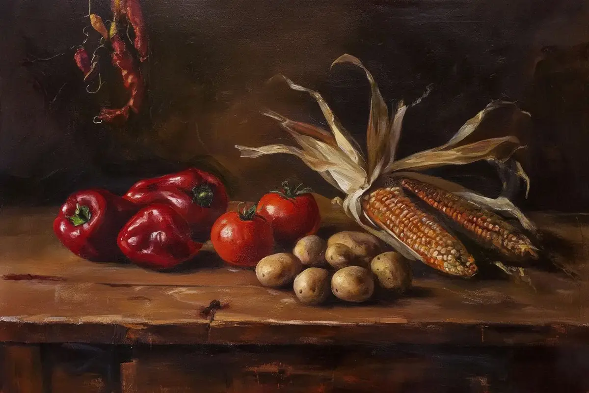 A wooden table with a ceramic bowl of roasted red peppers, dried paprika strings, a few potatoes, and dried corn cobs — warm autumn light, traditional Balkan kitchen setting