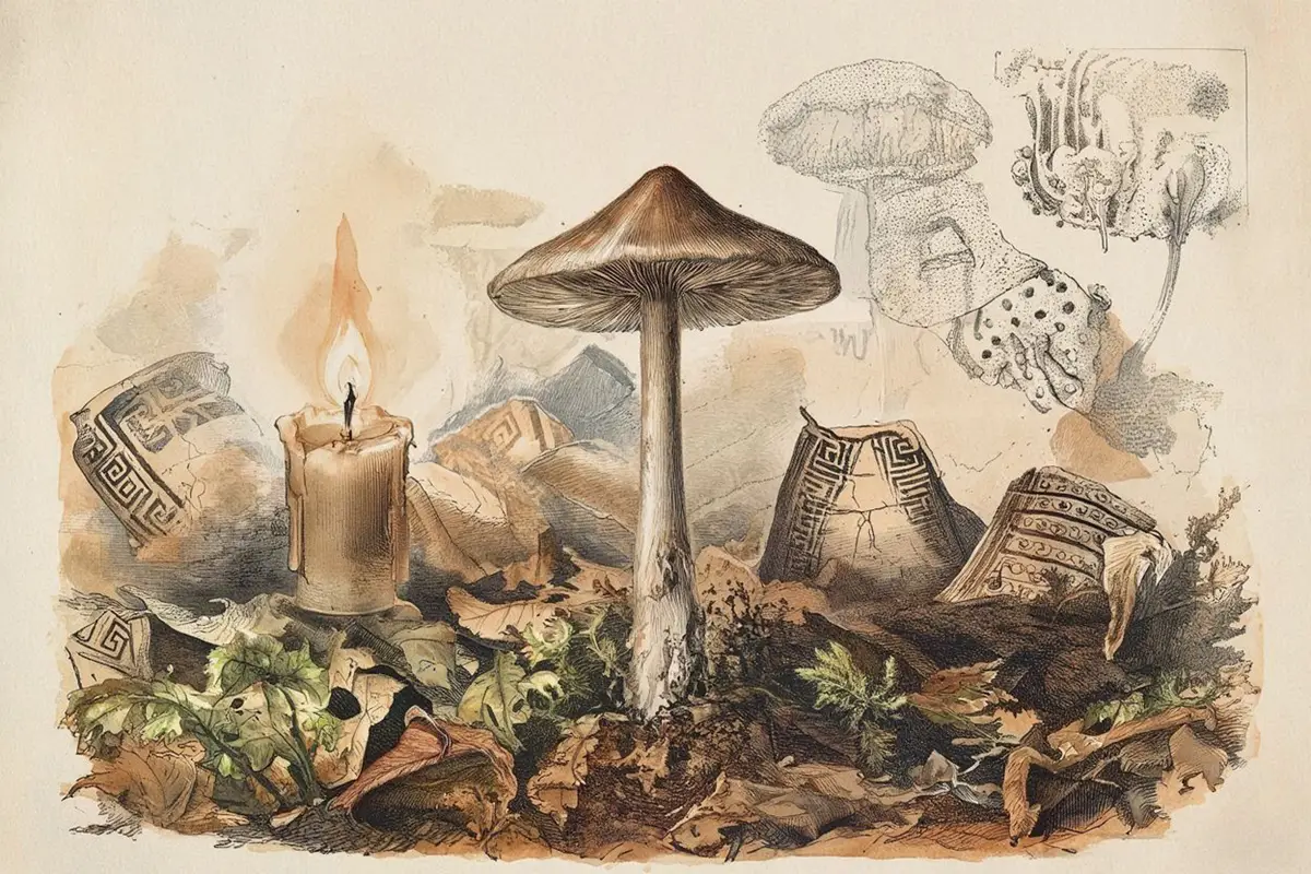 Vintage botanical illustration style — a single Psilocybe mushroom emerging from forest floor leaf litter, surrounded by fragments of ancient Greek pottery, a Mazatec ritual candle, and botanical ink drawings, warm sepia and ochre on cream background, no text