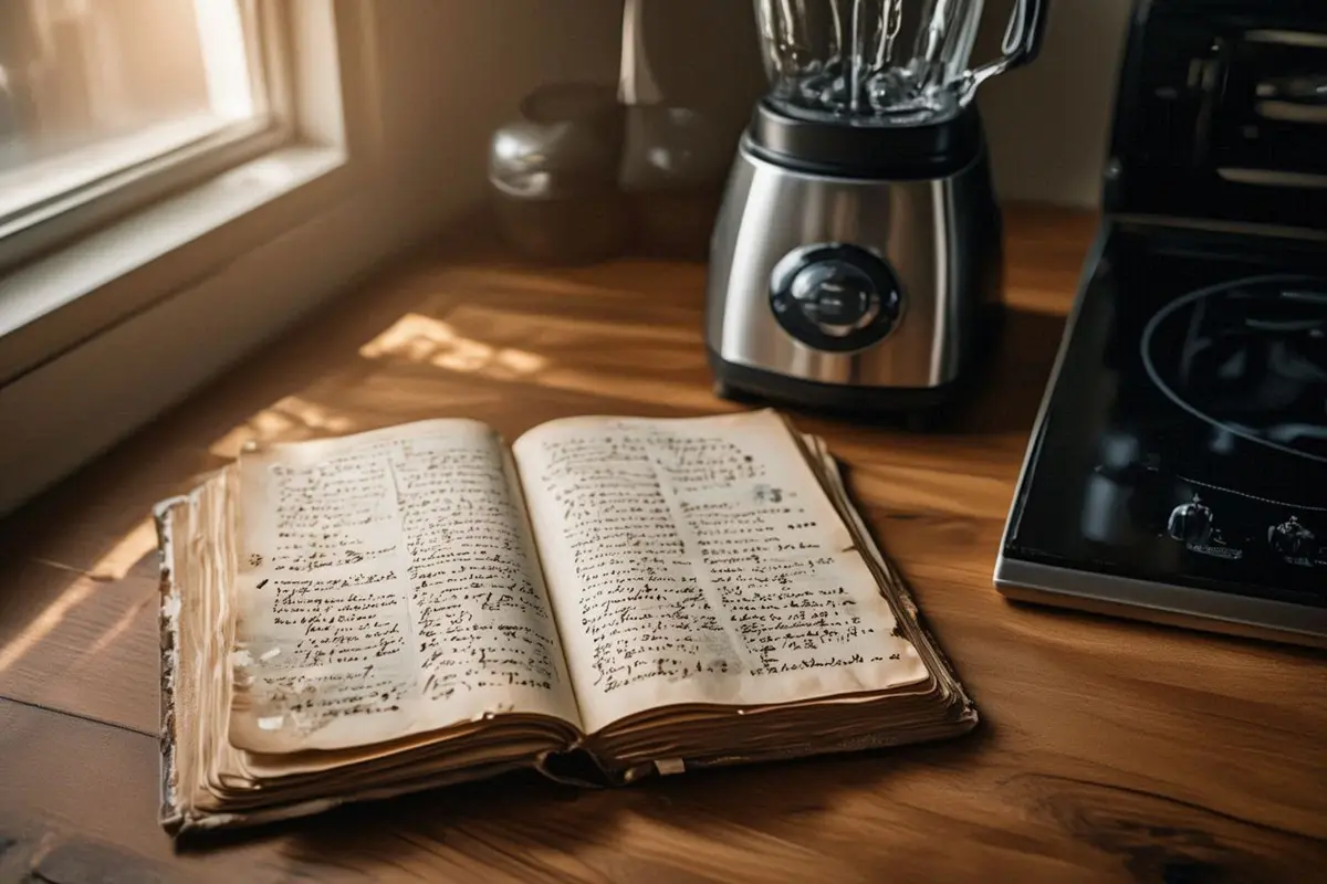 An open vintage cookbook on a wooden table