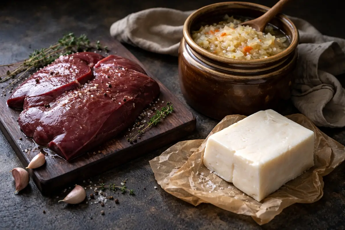 A wooden board with beef liver, a crock of sauerkraut, and a block of lard on a dark stone surface, natural side lighting