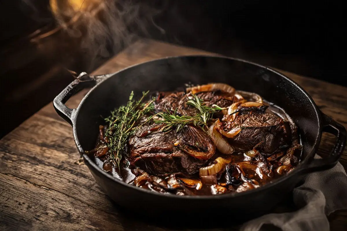 A cast iron pot with braised beef shin, golden onions and herbs visible, steam rising, dark kitchen background with warm light