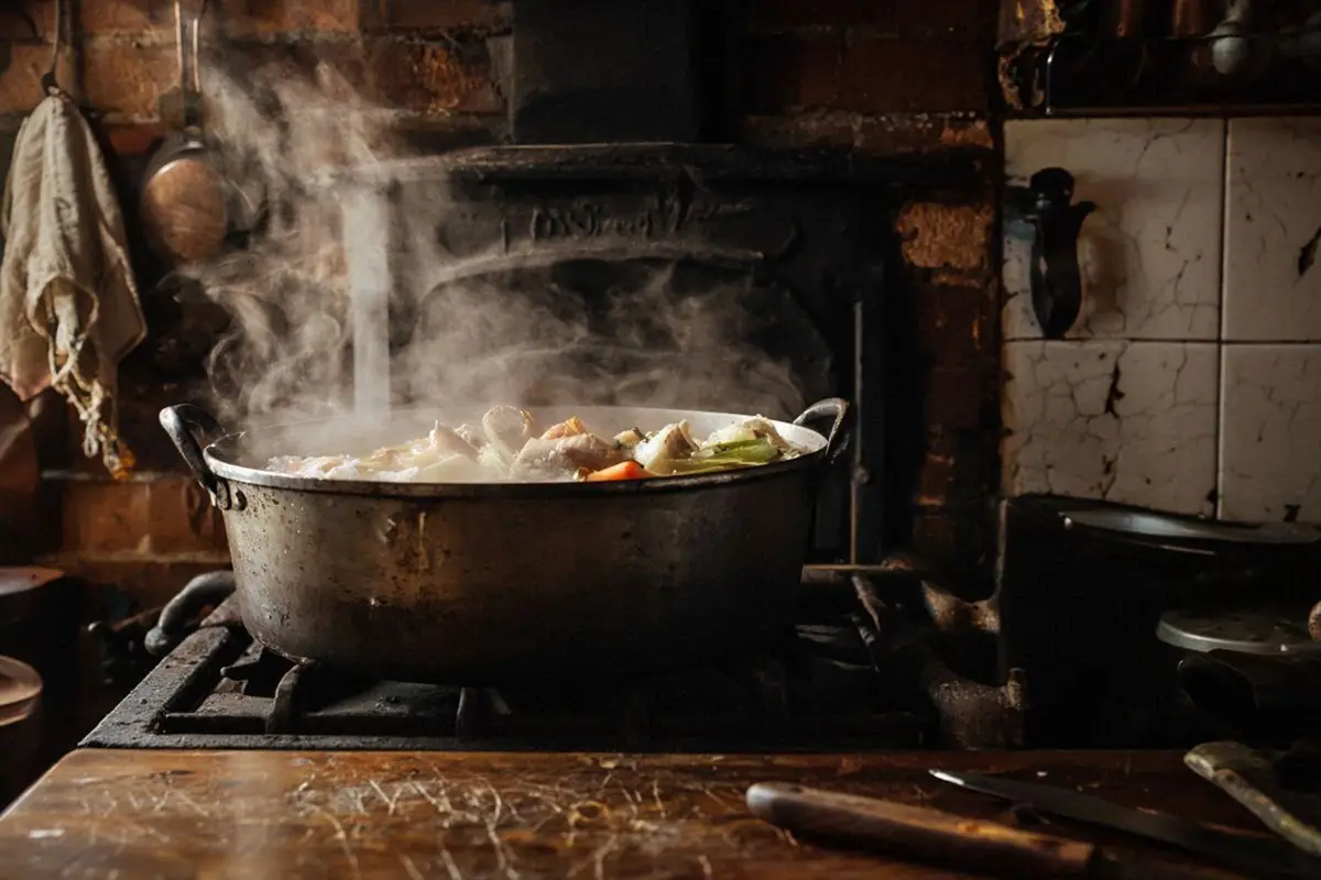 A large dented stockpot on a wood-burning stove, bones and vegetables visible through rising steam, kitchen worn and well-used