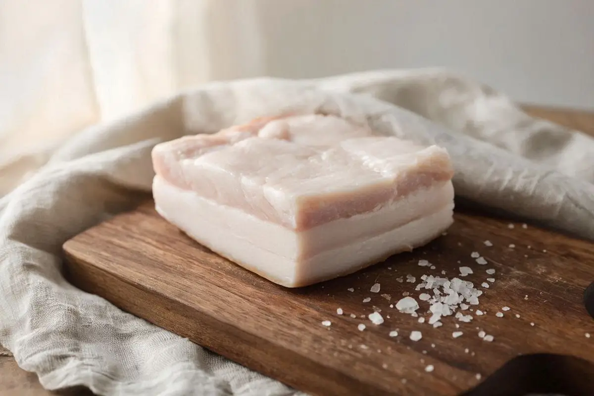 A thick slab of raw pork fatback on a dark oak cutting board with coarse salt and a vintage knife.