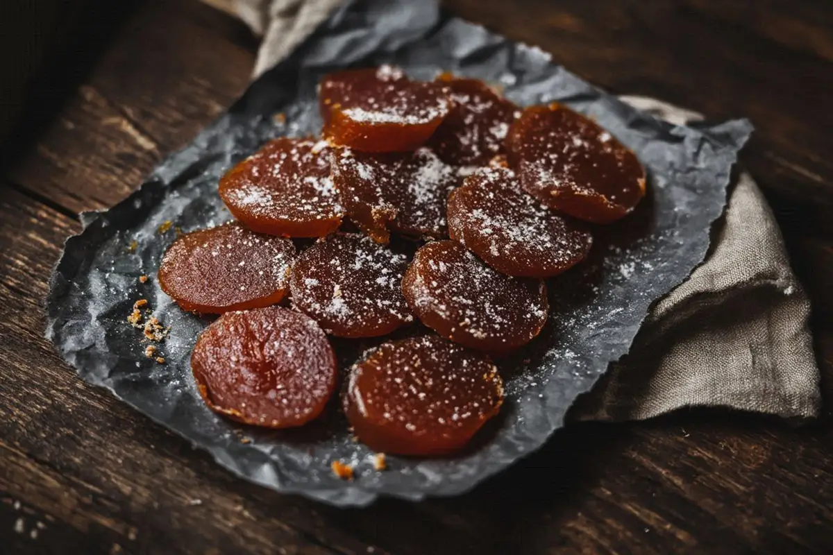 Sliced apricot fruit paste in deep amber color, dusted with sugar, arranged on parchment paper on a dark oak table.