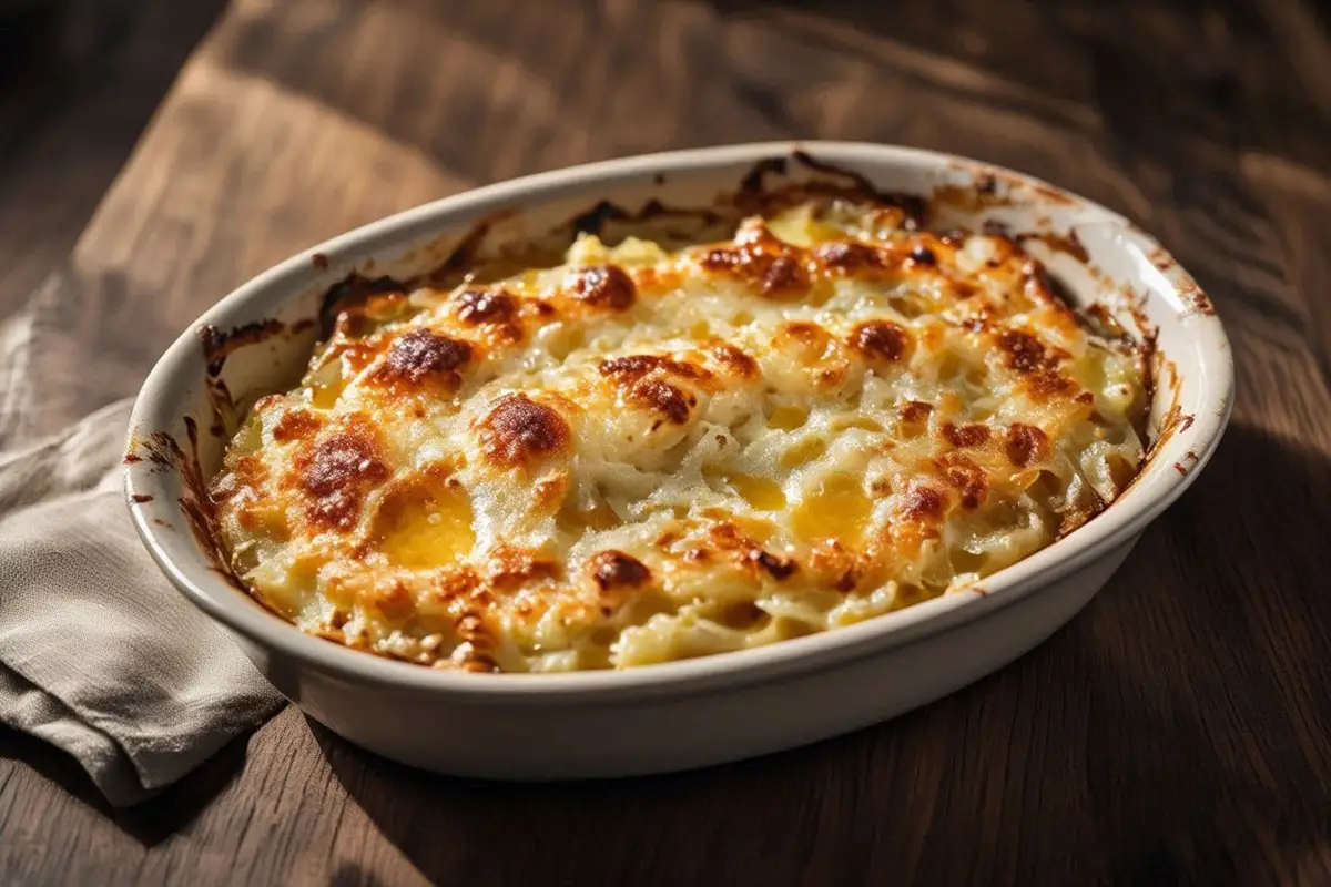 A golden-topped oval ceramic baking dish of baked mashed potato with a crispy cheese crust and glistening butter, on a dark oak table.