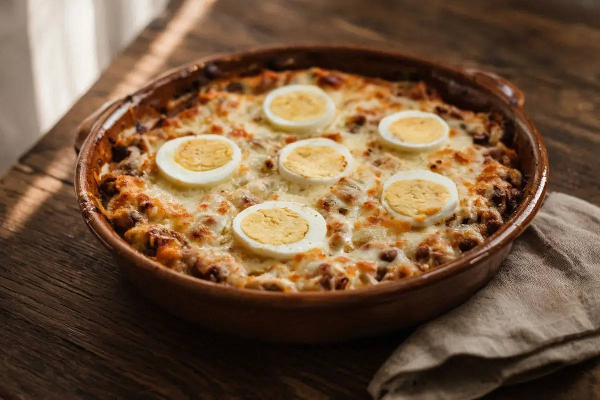 A rustic ceramic baking dish of golden-topped bean moussaka with visible egg rings and melted cheese, on a dark oak table with a linen napkin.