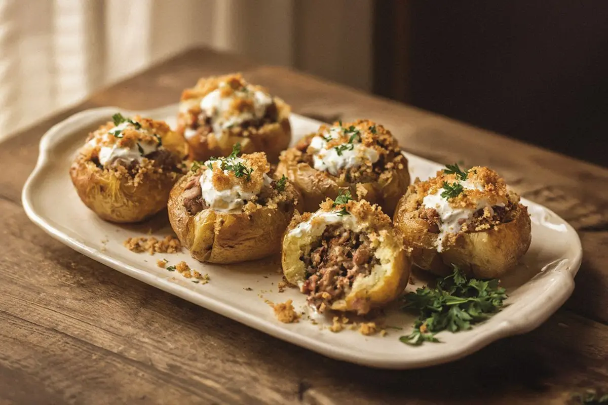 Golden-brown baked potato cups filled with brain mixture in creamy sauce with breadcrumbs