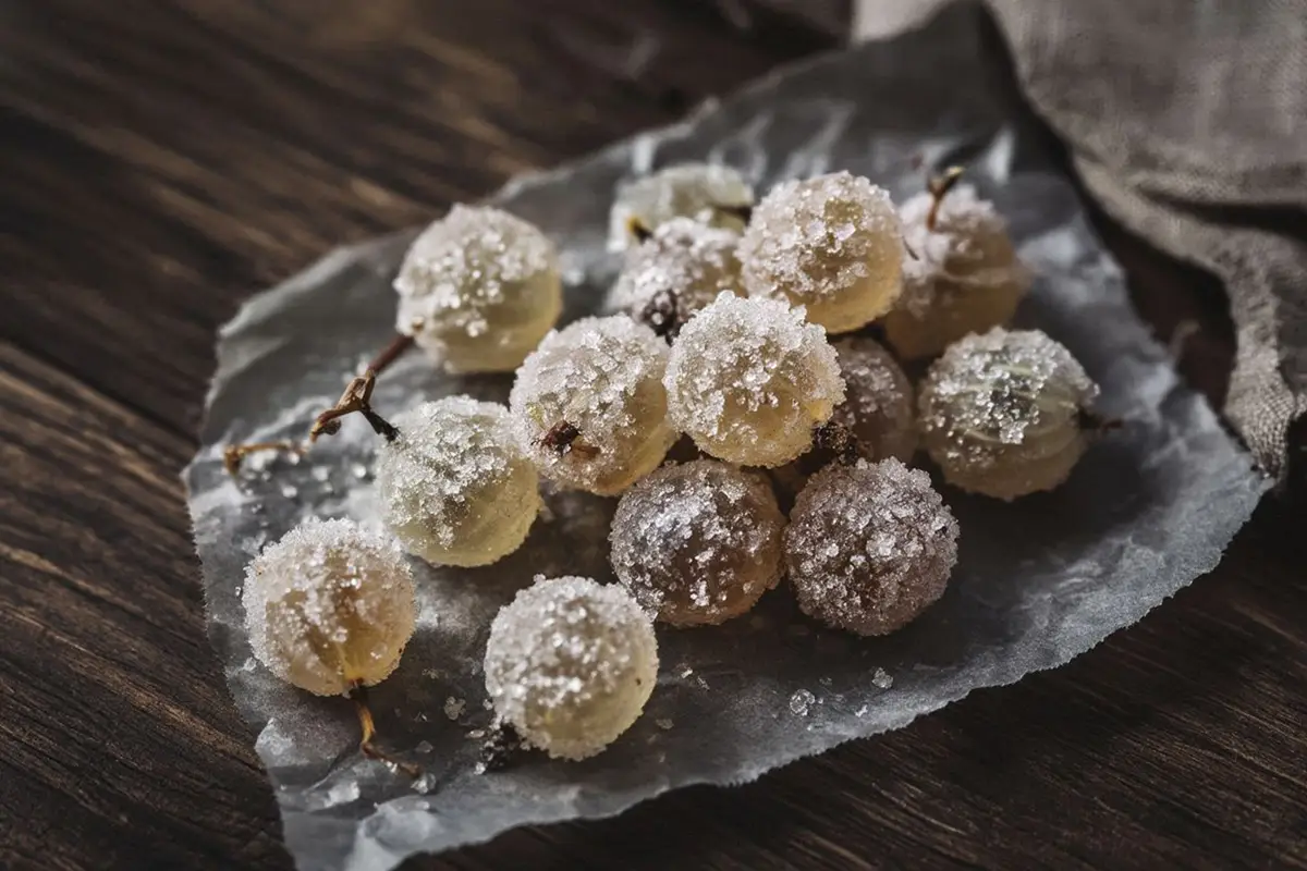 Small golden-green candied gooseberries dusted in white powdered sugar, arranged on dark parchment paper, some with stalks still attached.