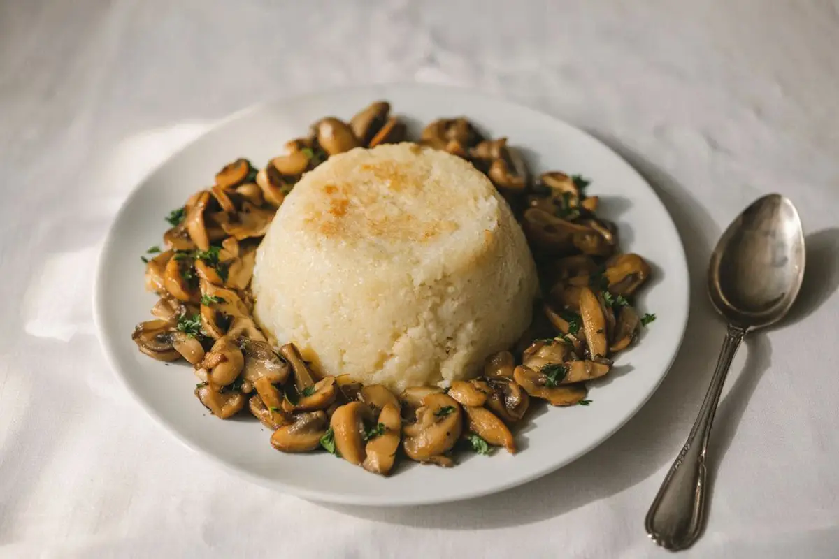 A domed steamed cauliflower pudding turned out onto a round white plate, surrounded by sautéed mushrooms with parsley