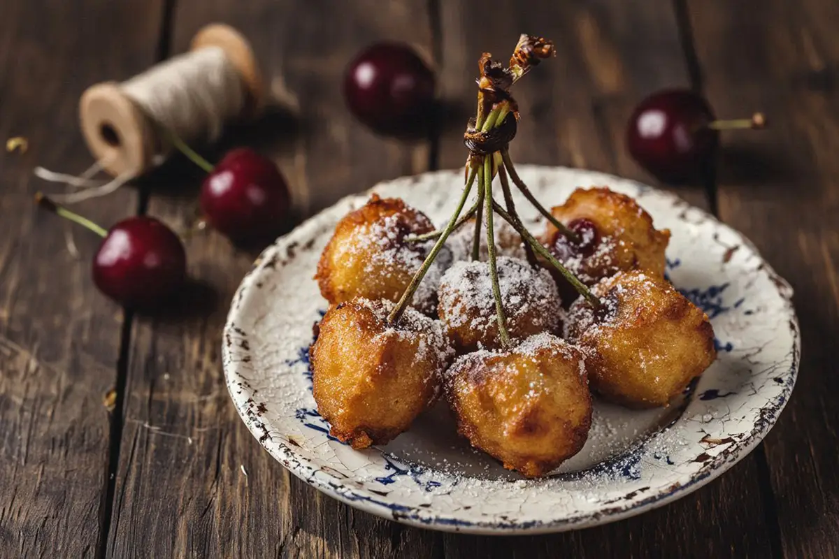 Deep-fried cherry clusters held by their stems, dusted with vanilla sugar on a vintage plate.