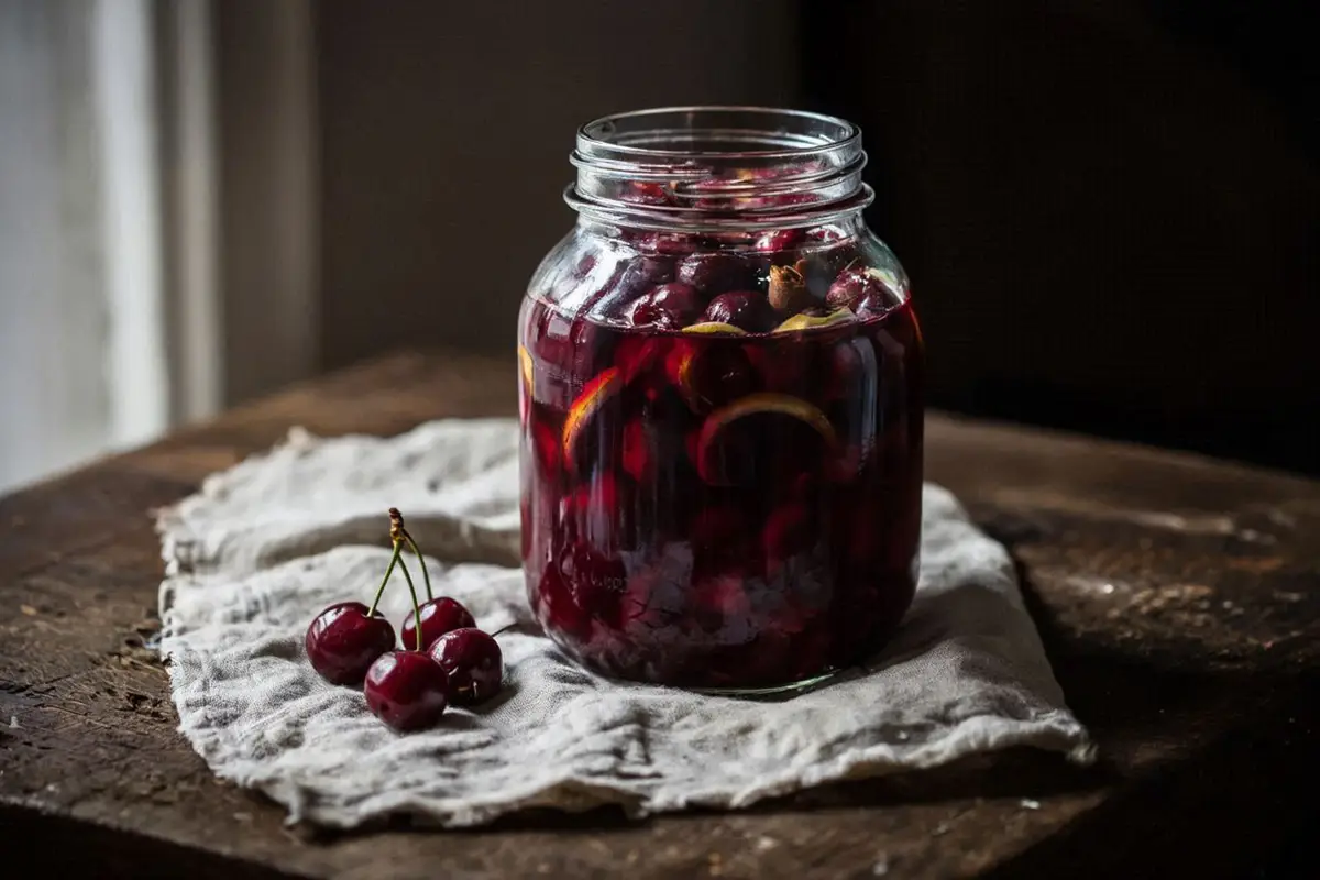 A large glass jar filled with dark ripe cherries in deep ruby syrup, lemon slices and cinnamon sticks visible, sitting on a rustic dark oak table.