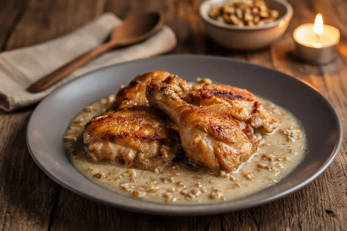 Fried chicken pieces arranged over a thick pale walnut sauce in a deep ceramic dish, garnished with fresh parsley