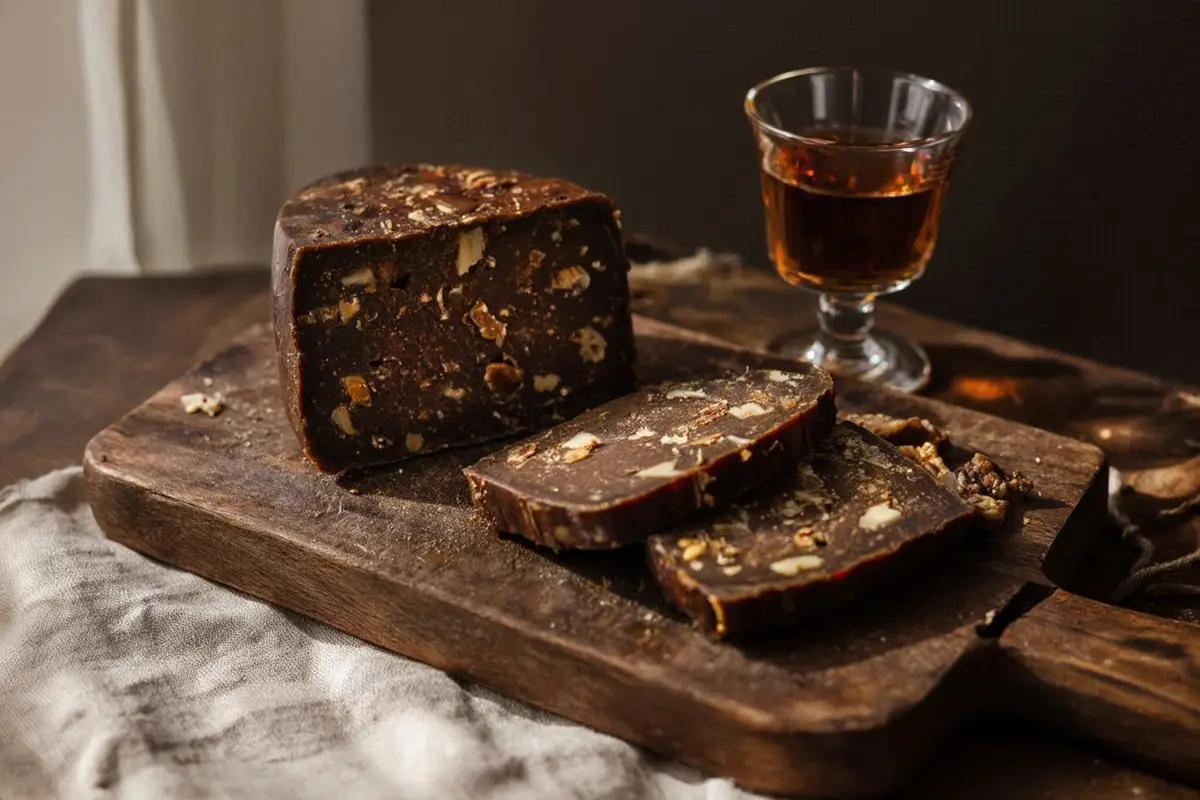 Sliced dark brown Dalmatian grape cheese on a rustic wooden board, visible pieces of walnut and fig in the cut surface, a small glass of amber wine alongside.