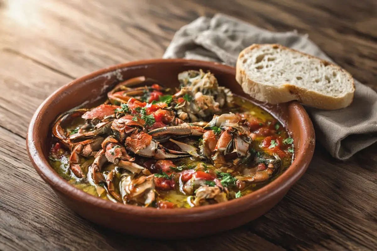 Cooked Adriatic spider crab pieces in a rustic terracotta pot with golden olive oil, tomato, and parsley sauce.