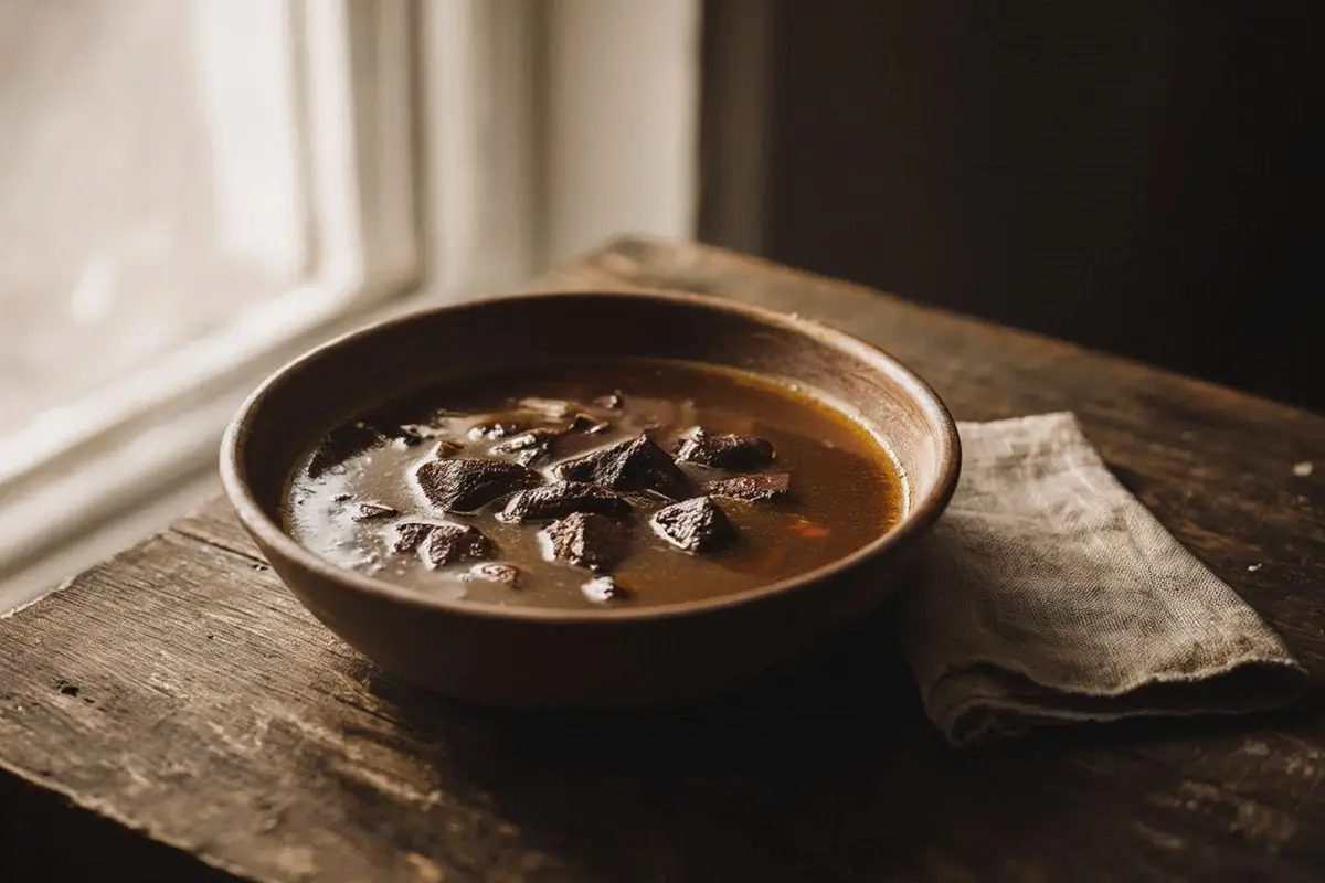 A deep rustic bowl of dark amber game broth with sugar-cube sized pieces of braised venison, served with crusty dark bread on a dark oak table.