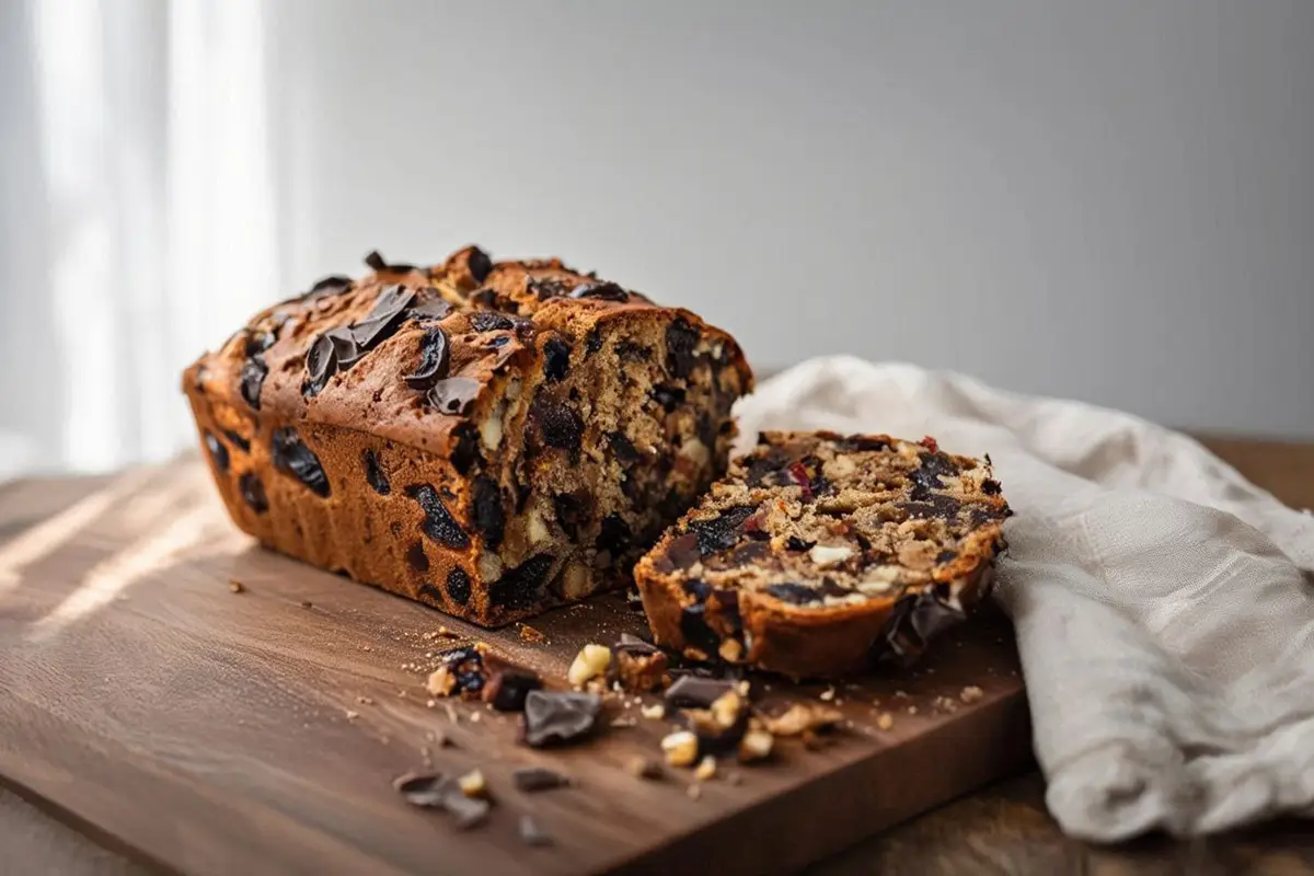 Sliced Kletzenbrot fruit bread on a dark oak board, revealing layers of dark fruit, nuts, and chocolate