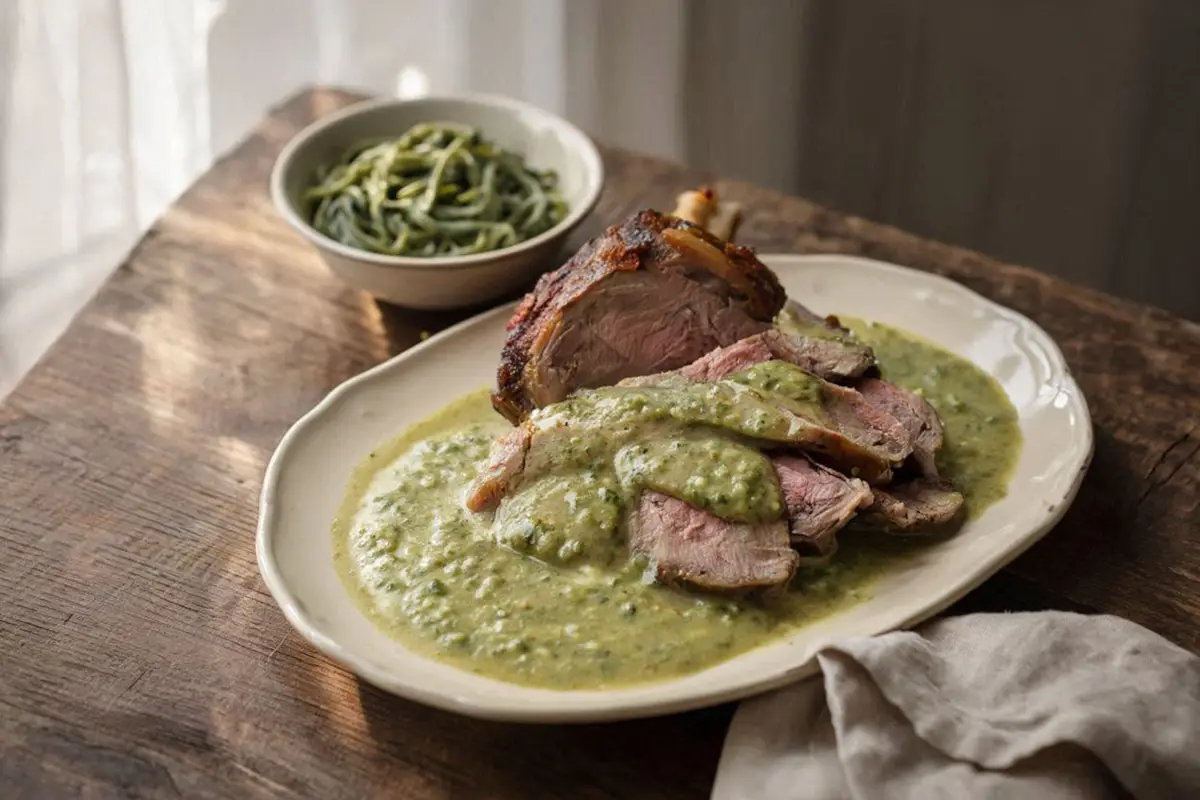 Carved leg of lamb on an oval serving dish, covered in a pale green vegetable sauce, with spinach noodles on the side