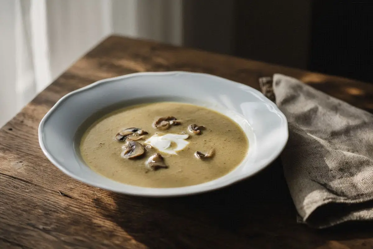 Creamy mushroom soup in a white porcelain bowl, garnished with a swirl of sour cream, natural light from the left on a dark oak table