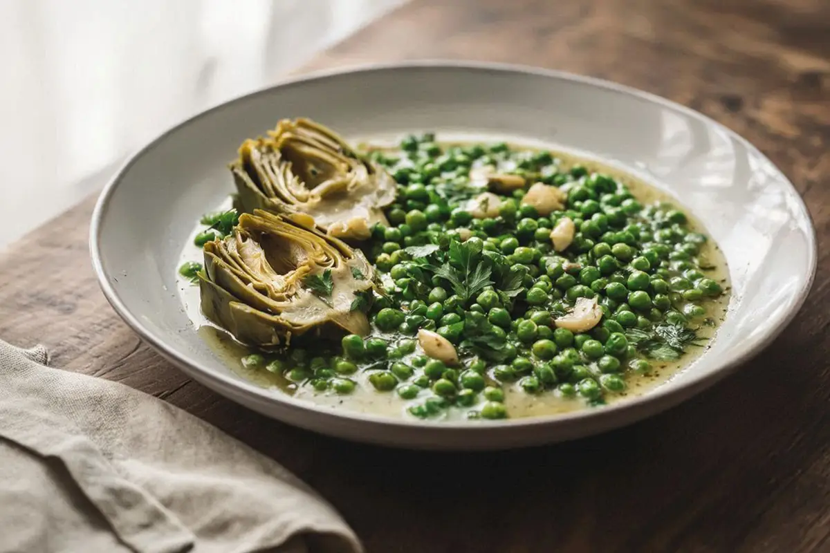A wide shallow ceramic bowl of bright green braised peas with halved artichoke hearts, glistening in a pale sauce, on a dark oak table.