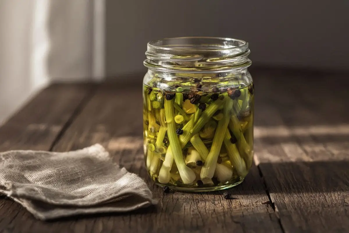 A glass jar of pale green pickled young garlic cloves in golden olive oil on a dark oak table with a linen napkin.