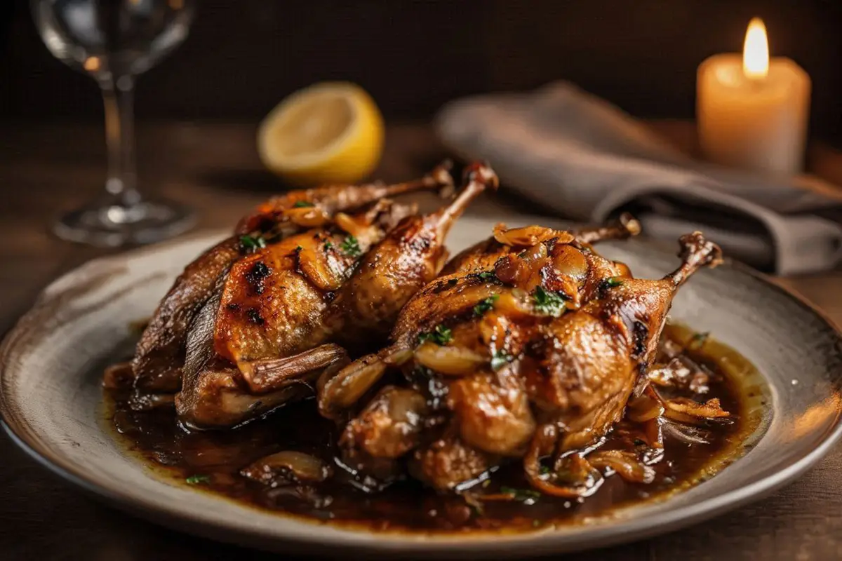 Two golden roasted pigeons on a serving plate, surrounded by rich pan sauce, garnished with parsley