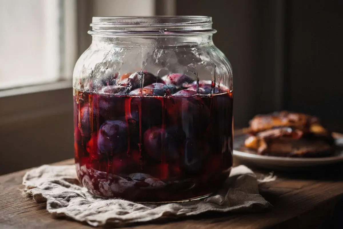 Whole dark purple plums in deep ruby-amber vinegar syrup inside a large glass jar, on a stone kitchen surface