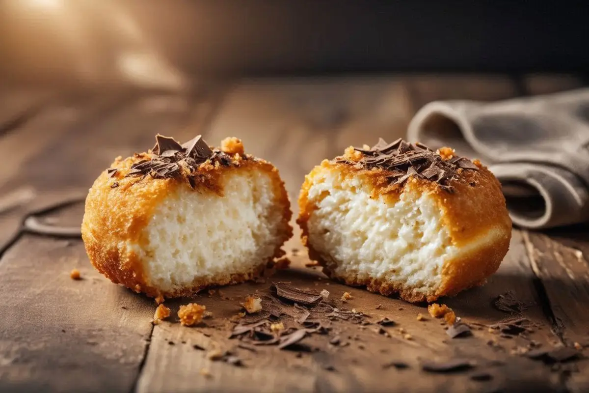 Crispy breaded rice cakes topped with finely grated chocolate, served on a shallow vintage dish.