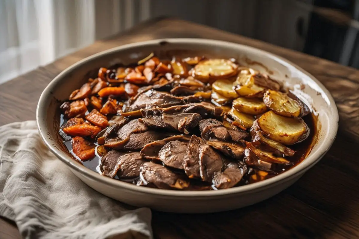 A ceramic baking dish with sliced braised sheep tongues, golden potato slices, and carrots in a rich pan sauce on a dark oak table.