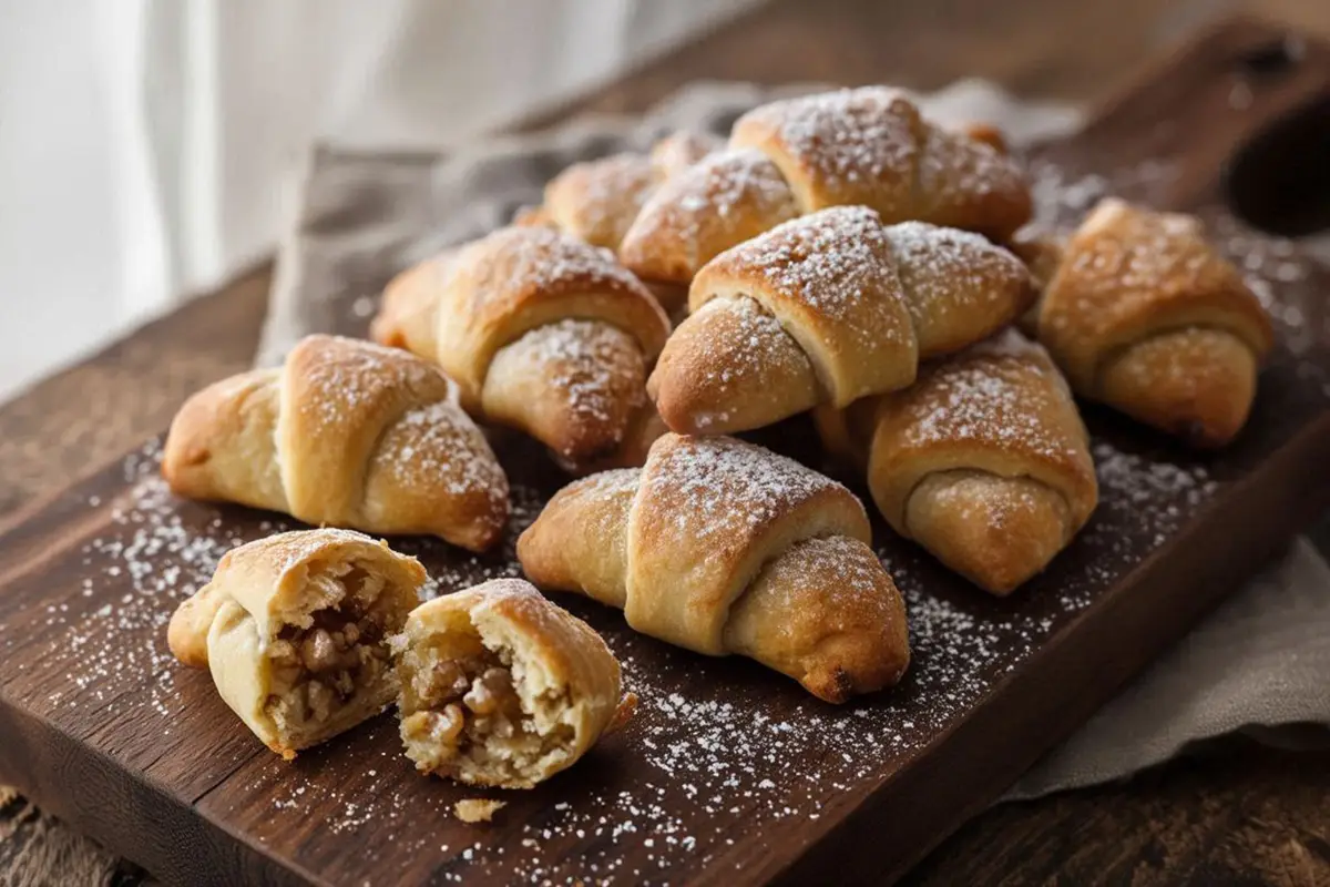 Golden sour cream walnut rolls on a dark oak board, dusted with vanilla sugar, natural light from the left