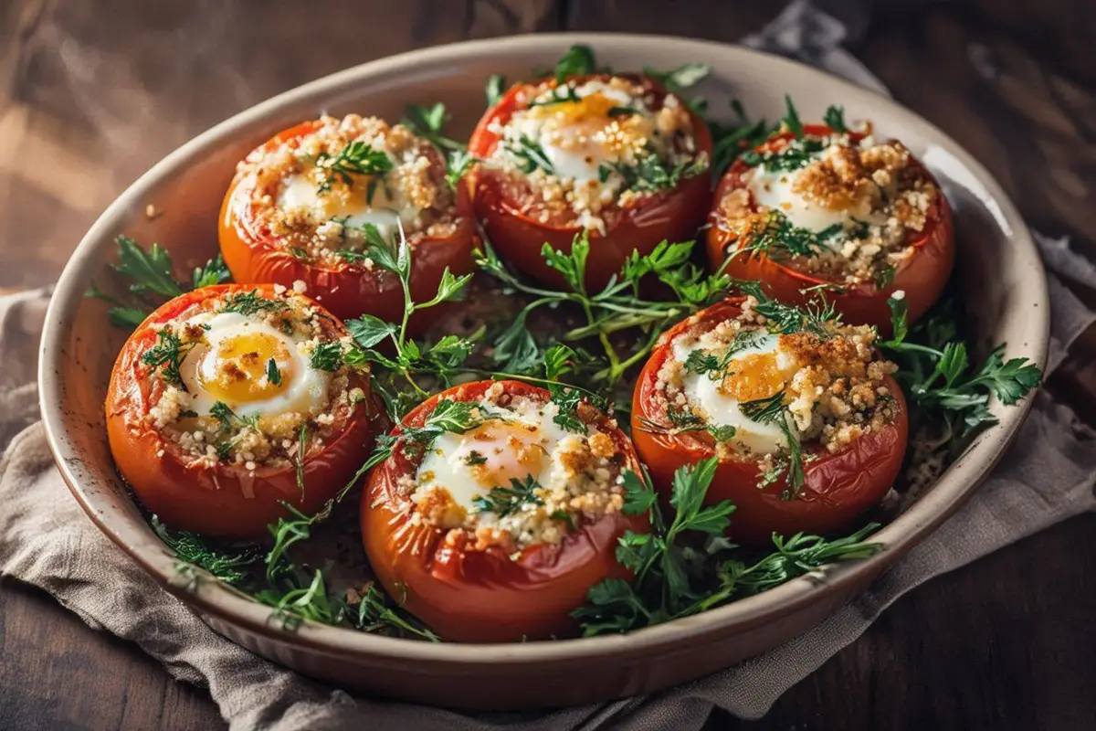 Six baked tomatoes filled with green herbs and a set egg, arranged in a ceramic casserole dish, golden and glistening