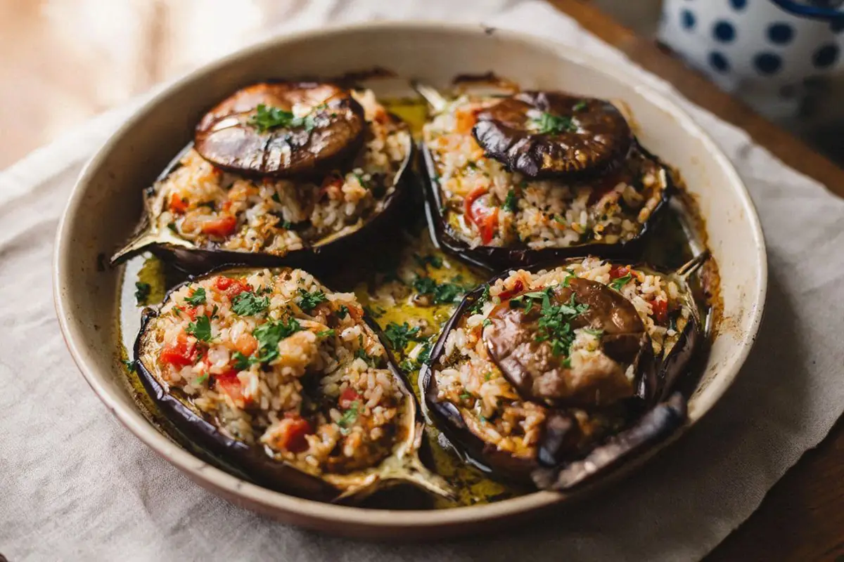 Four stuffed eggplant halves in a baking dish, filled with rice and vegetables, glistening with olive oil
