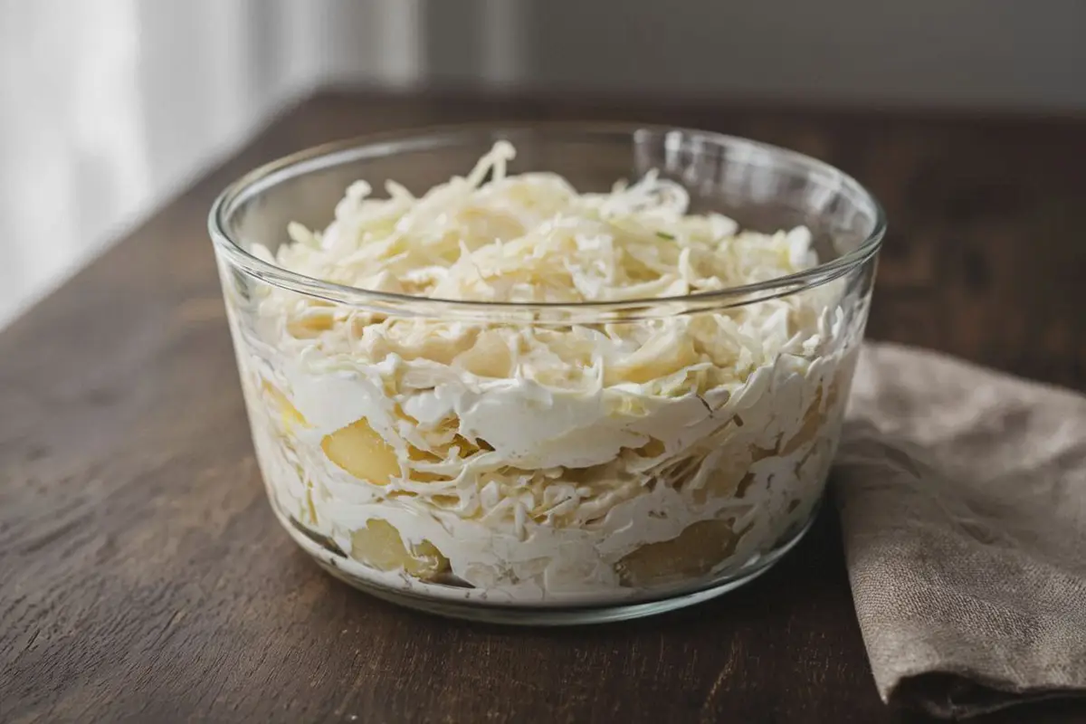 A deep ceramic bowl of layered cabbage and potato salad with sour cream, served on a dark oak table with a linen napkin.