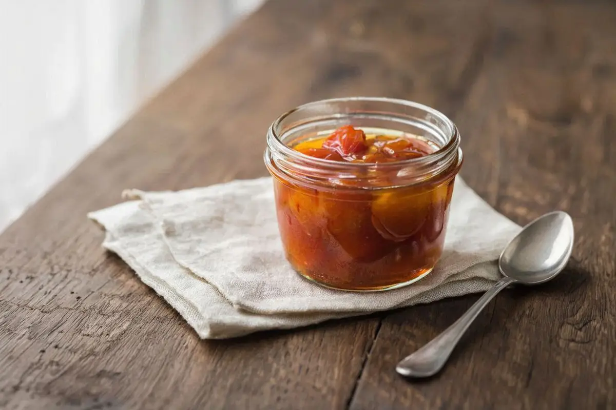 Small glass jar of golden-amber tomato preserve, translucent tomato pieces visible in thick syrup, silver spoon resting on the rim, dark oak table.