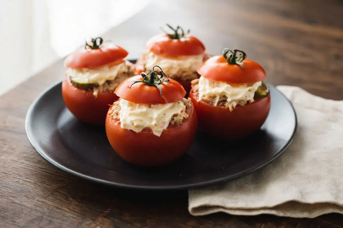 Three firm tomatoes stuffed with pale crayfish meat and paprika mayonnaise, arranged on lettuce leaves on a dark ceramic plate.