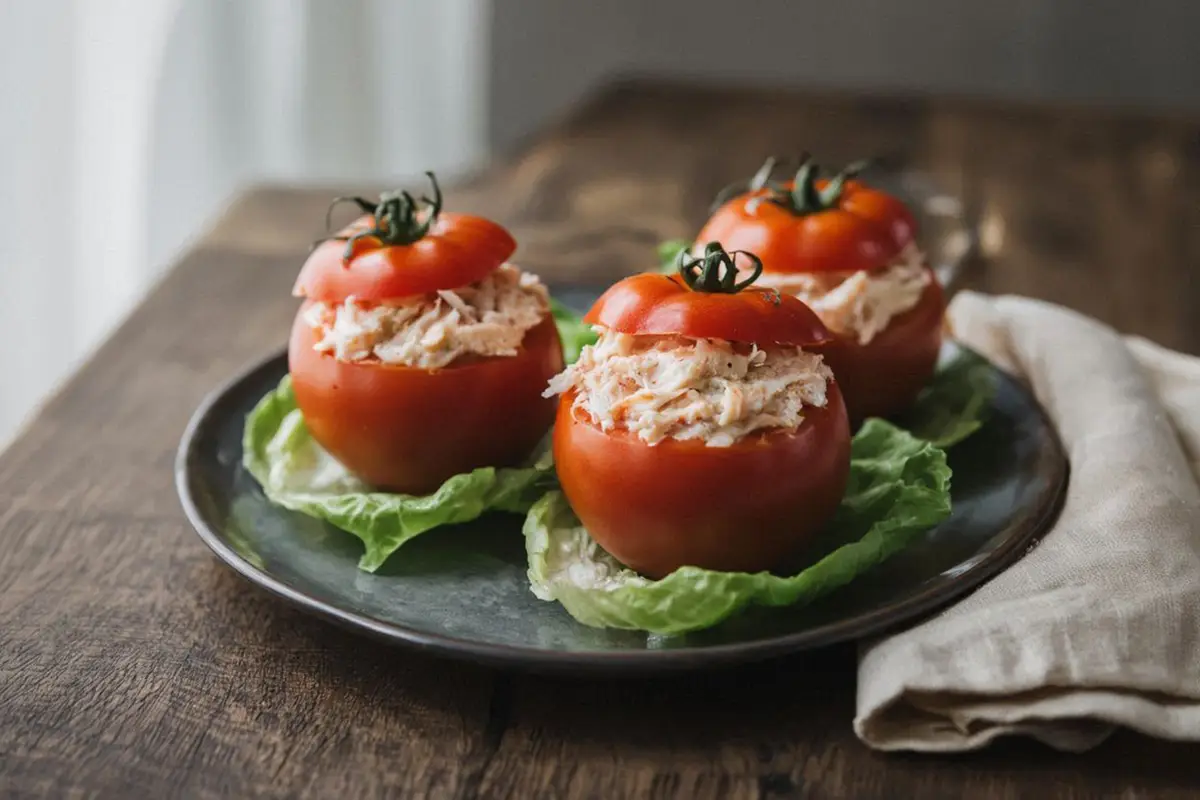 Three ripe tomatoes stuffed with tuna and pickle filling, lids replaced, topped with mayonnaise on a dark ceramic plate.