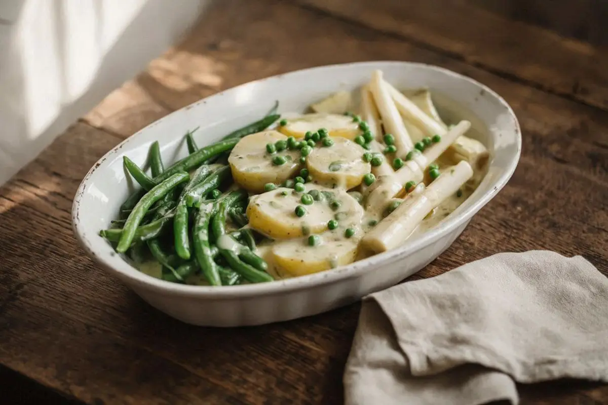 A white ceramic serving dish filled with green beans, kohlrabi sticks, potato rounds, and green peas coated in a creamy pale béchamel sauce.
