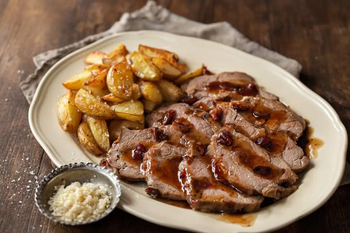 Sliced veal tenderloin on a serving dish with roasted potatoes, glazed in a deep amber grape must sauce, garnished with fresh horseradish