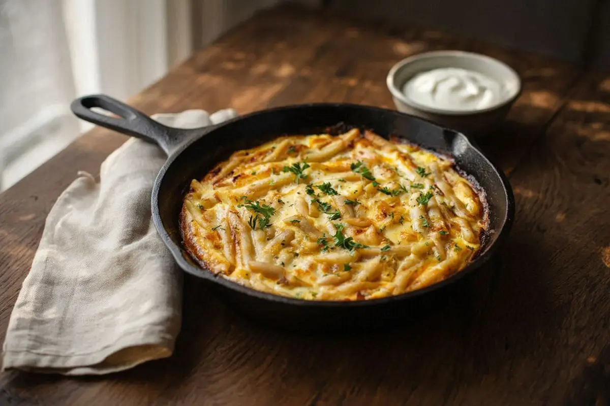 A rustic cast iron pan of golden-baked wax beans in a pale custard, fresh parsley scattered on top, on a dark oak table.