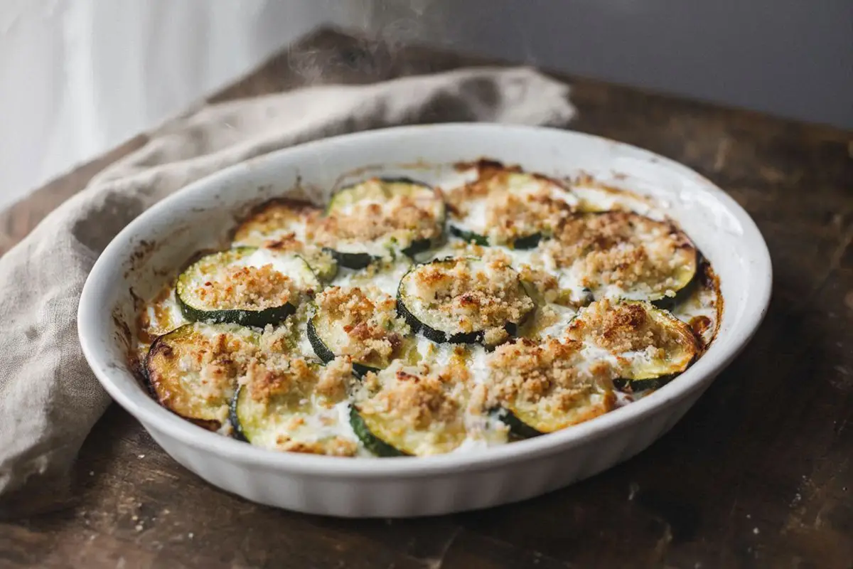 Golden baked zucchini slices in a white ceramic dish, breadcrumb and sour cream topping lightly browned, served hot